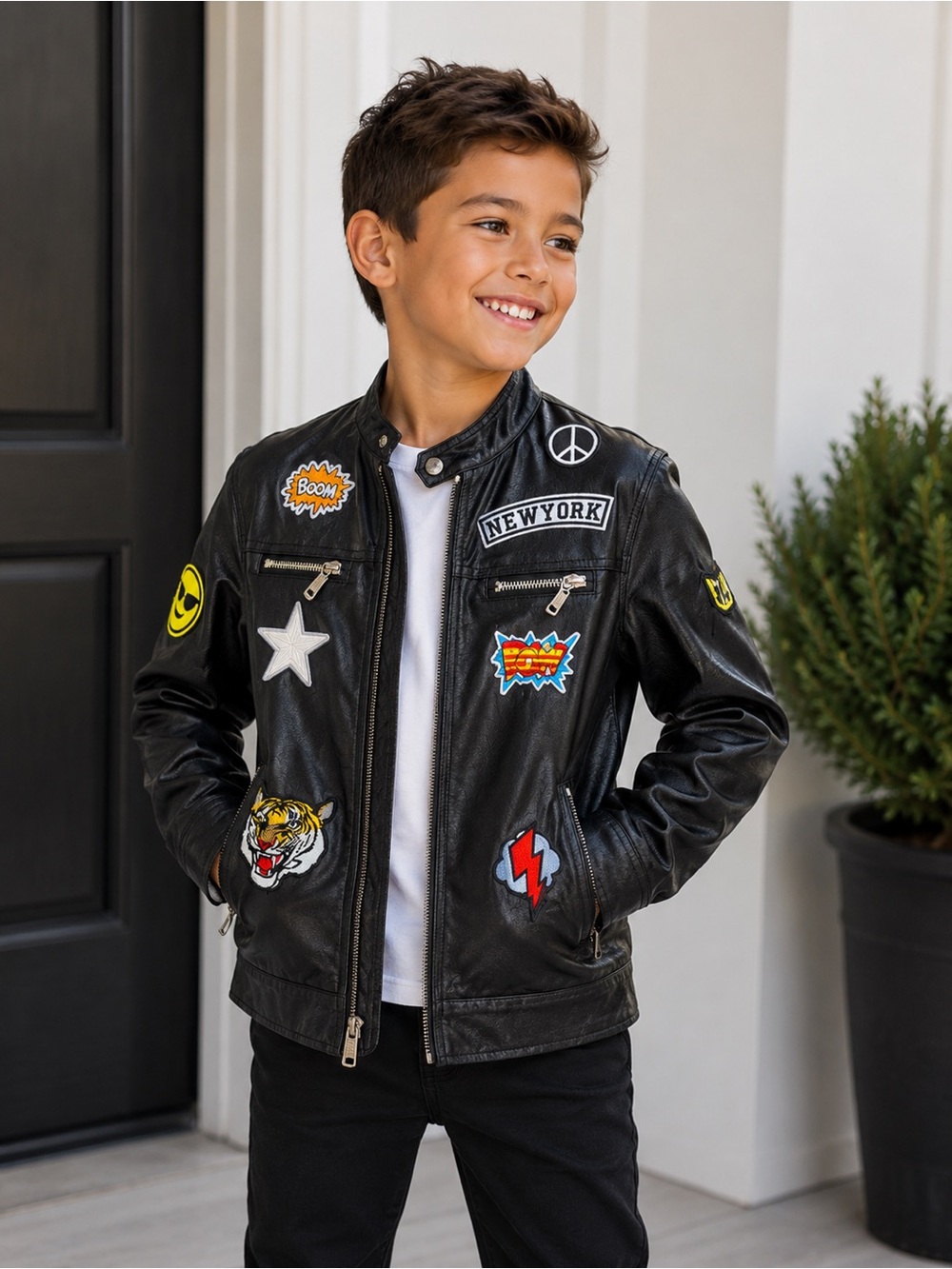 • Lola + The Boys • Black Faux Leather Patch Jacket with Colorful Badges 8